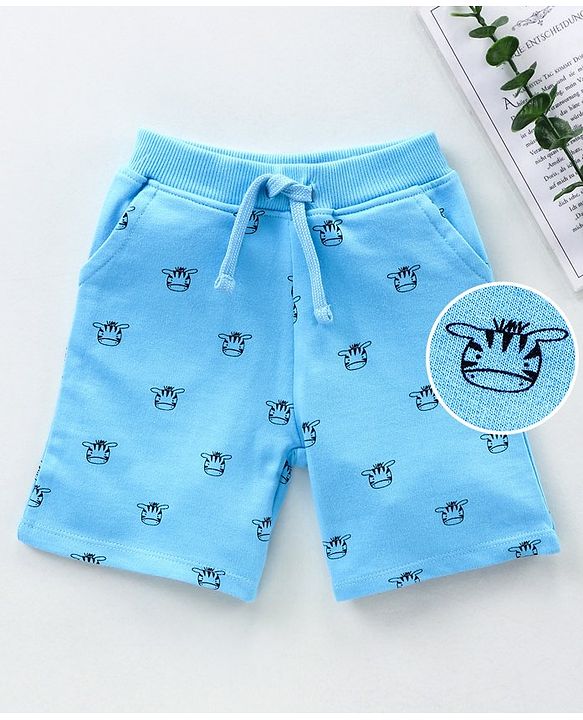 Babyhug Knit Shorts Zebra Face Print - Sky Blue
