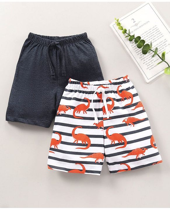 Babyhug Cotton Shorts Solid & Dinosaur Print Pack of 2 - Navy White