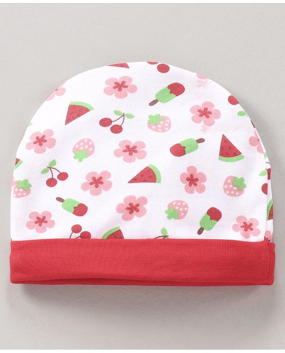 Babyhug 100% Cotton Cap Mittens & Booties Set Printed Red - Diameter 11 cm