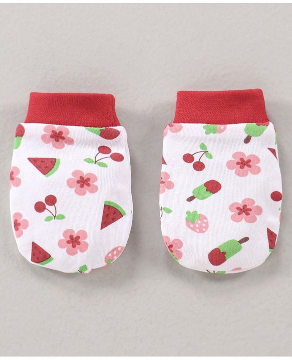 Babyhug 100% Cotton Cap Mittens & Booties Set Printed Red - Diameter 11 cm