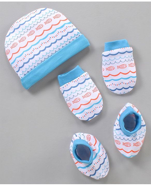Babyoye 100% Cotton Cap Mittens & Booties Set Blue - Diameter 11 cm