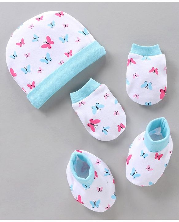 BabyhBLUEug 100% Cotton Cap Mitten Booties Set Butterfly Print Blue - Diameter 11 cm