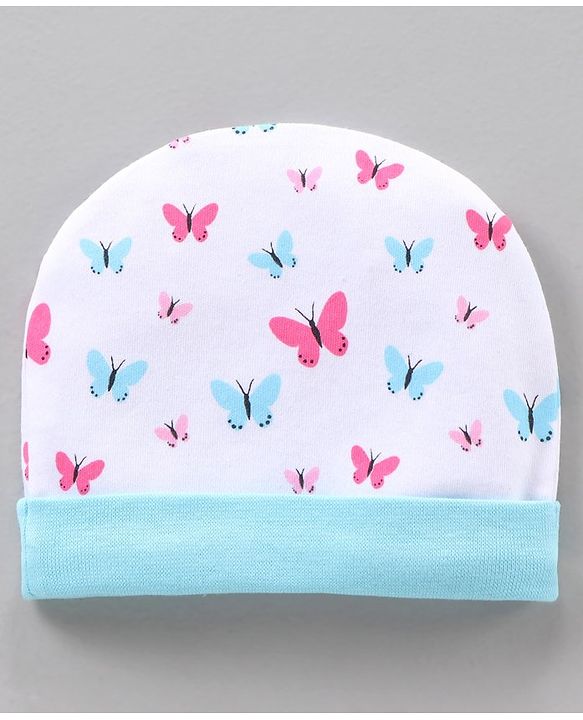 BabyhBLUEug 100% Cotton Cap Mitten Booties Set Butterfly Print Blue - Diameter 11 cm