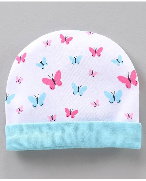 BabyhBLUEug 100% Cotton Cap Mitten Booties Set Butterfly Print Blue - Diameter 11 cm