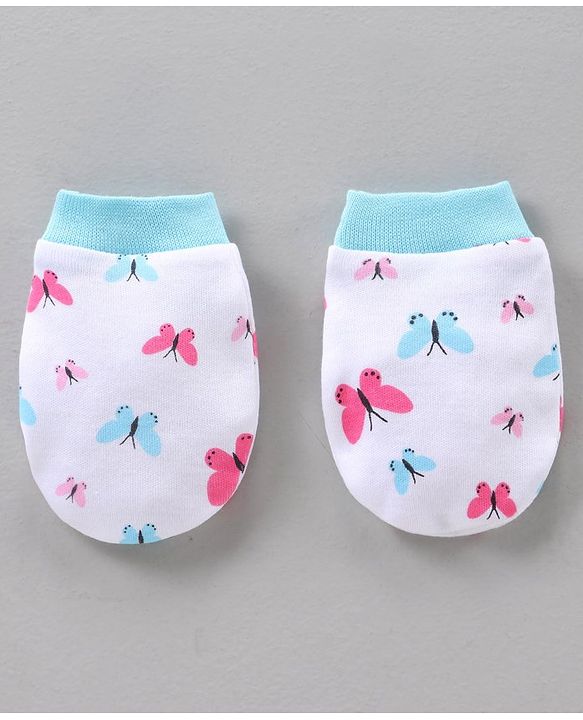BabyhBLUEug 100% Cotton Cap Mitten Booties Set Butterfly Print Blue - Diameter 11 cm