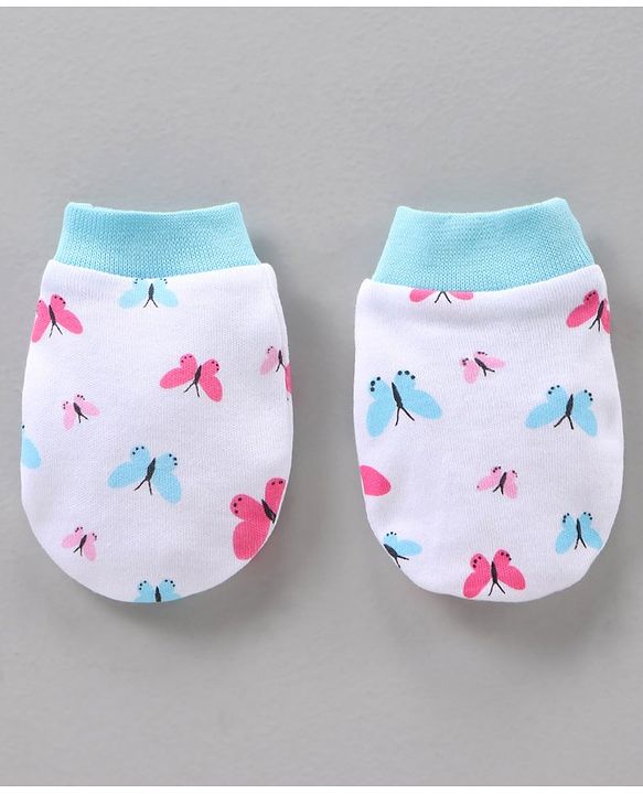 BabyhBLUEug 100% Cotton Cap Mitten Booties Set Butterfly Print Blue - Diameter 11 cm