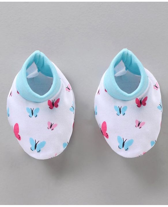 BabyhBLUEug 100% Cotton Cap Mitten Booties Set Butterfly Print Blue - Diameter 11 cm