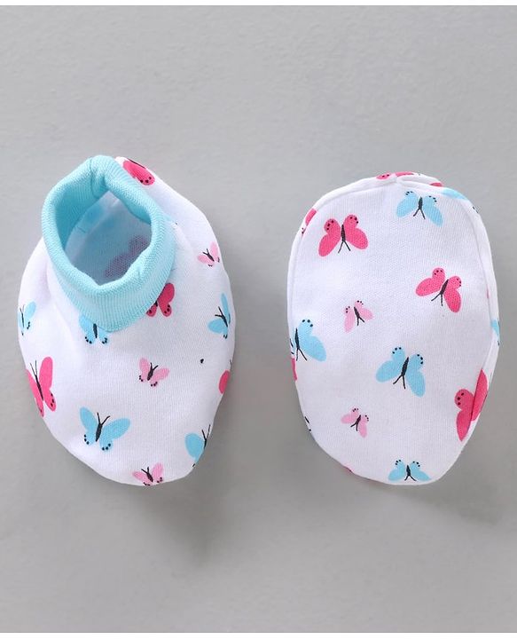 BabyhBLUEug 100% Cotton Cap Mitten Booties Set Butterfly Print Blue - Diameter 11 cm