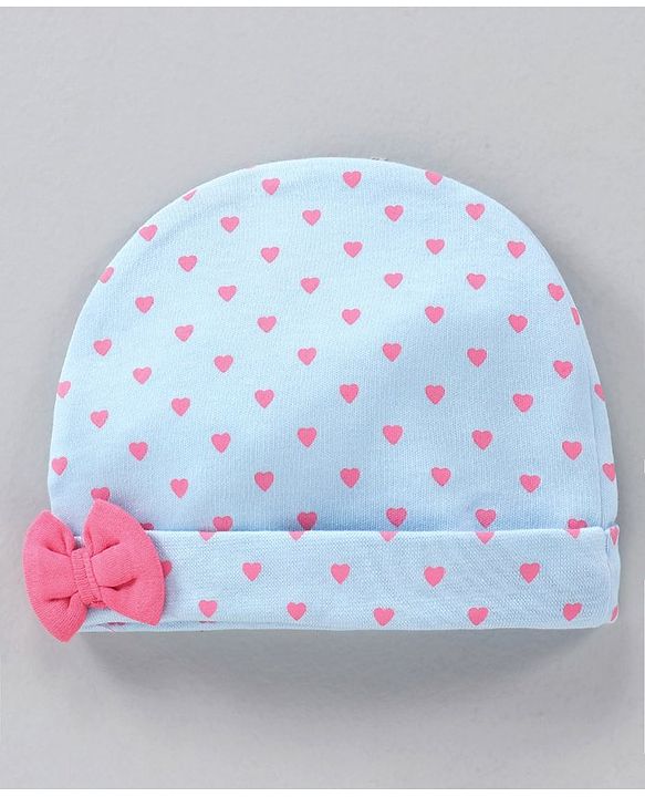 Babyhug 100% Cotton Cap With Bow Applique Heart Print Blue- Diameter 10 cm