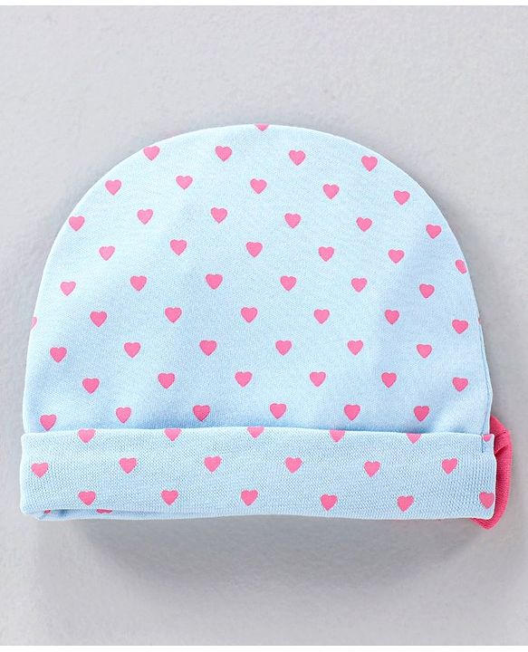 Babyhug 100% Cotton Cap With Bow Applique Heart Print Blue- Diameter 10 cm
