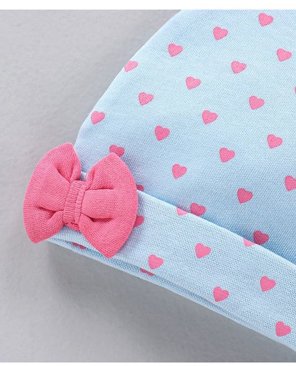 Babyhug 100% Cotton Cap With Bow Applique Heart Print Blue- Diameter 10 cm