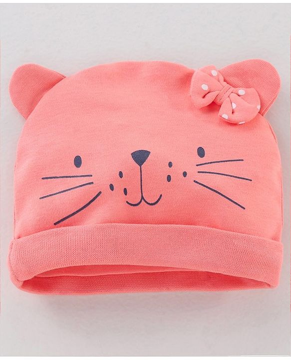Babyhug 100% Cotton Knit Cap Bear Face Print Pink - Diameter 14.5 cm