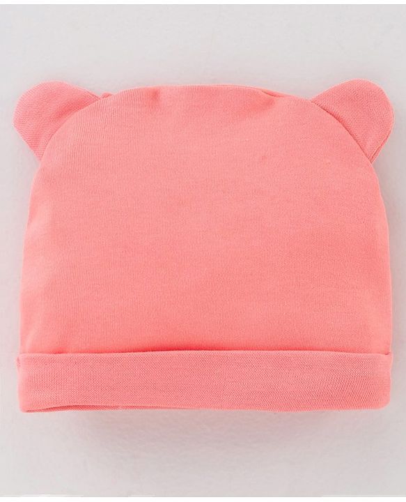 Babyhug 100% Cotton Knit Cap Bear Face Print Pink - Diameter 14.5 cm