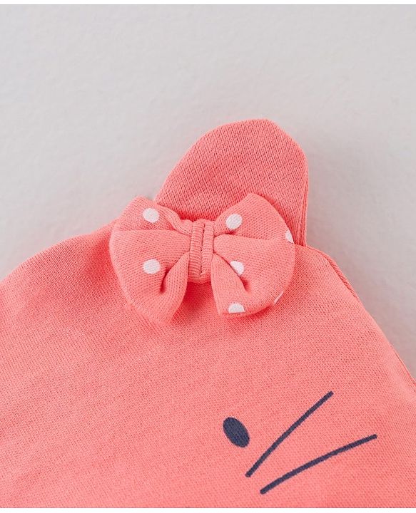 Babyhug 100% Cotton Knit Cap Bear Face Print Pink - Diameter 14.5 cm