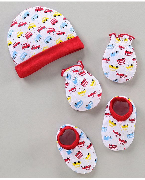 Babyhug Cap Mitten & Booties Floral Print - Cap Diameter 15.5 cm