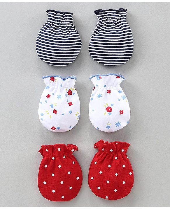 Babyhug Mittens Set Striped, Floral & Polka Dot Printed Pack of 3 - White Red Black
