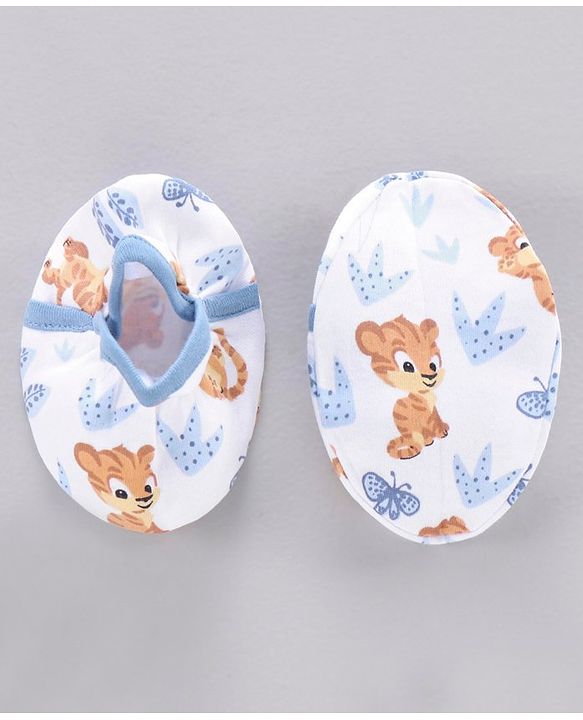 Babyhug 100% Cotton Mittens Solid And Tiger Print Pack of 2 - Blue White