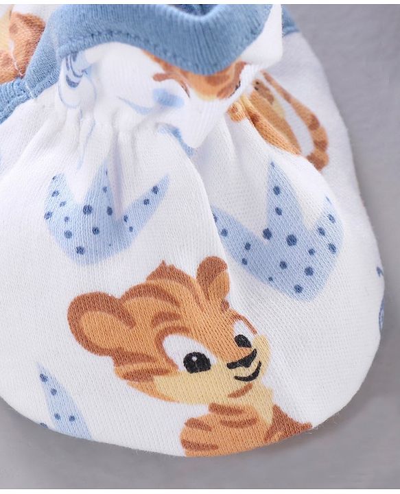 Babyhug 100% Cotton Mittens Solid And Tiger Print Pack of 2 - Blue White