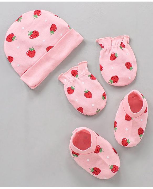 Babyhug 100% Cotton Cap Mittens & Booties With Strawberry Print - Pink