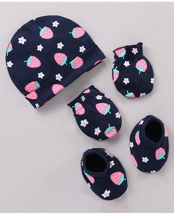 Babyhug 100% Cotton Cap Mittens & Booties Set Strawberry Print Navy Blue - Cap Diameter 11 cm