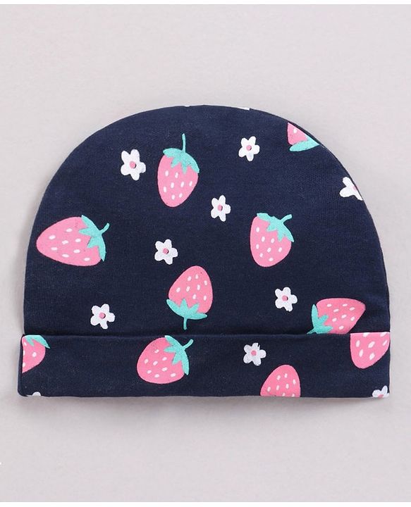 Babyhug 100% Cotton Cap Mittens & Booties Set Strawberry Print Navy Blue - Cap Diameter 11 cm