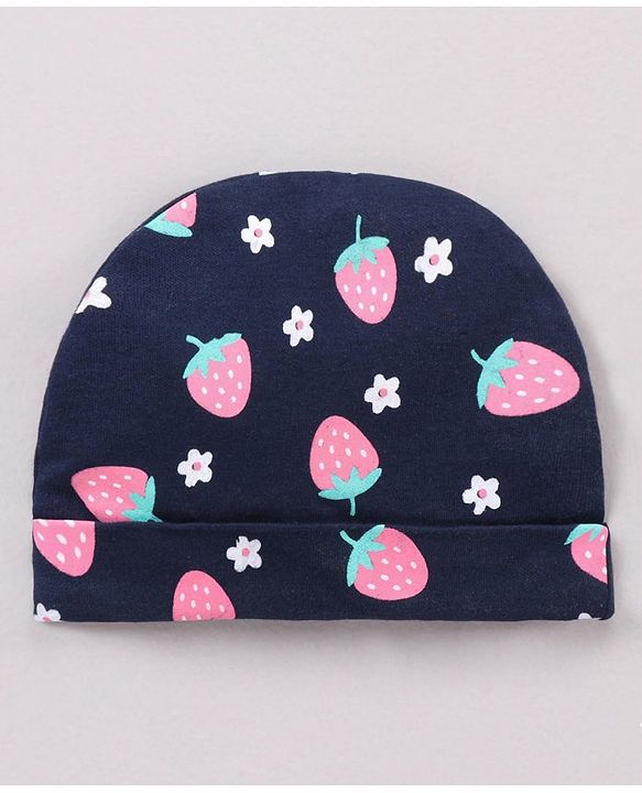 Babyhug 100% Cotton Cap Mittens & Booties Set Strawberry Print Navy Blue - Cap Diameter 11 cm