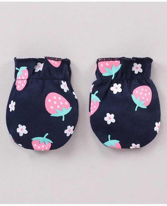 Babyhug 100% Cotton Cap Mittens & Booties Set Strawberry Print Navy Blue - Cap Diameter 11 cm