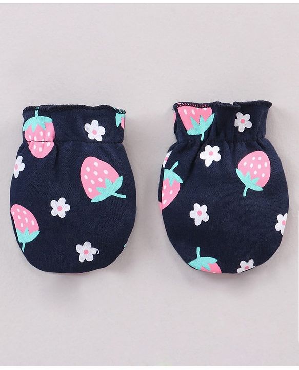 Babyhug 100% Cotton Cap Mittens & Booties Set Strawberry Print Navy Blue - Cap Diameter 11 cm