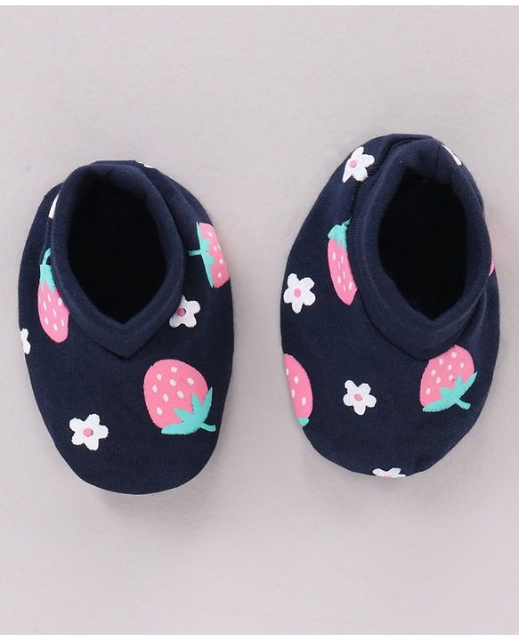 Babyhug 100% Cotton Cap Mittens & Booties Set Strawberry Print Navy Blue - Cap Diameter 11 cm