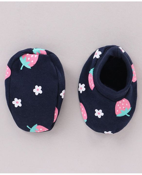 Babyhug 100% Cotton Cap Mittens & Booties Set Strawberry Print Navy Blue - Cap Diameter 11 cm