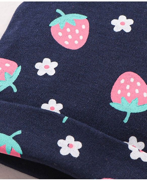 Babyhug 100% Cotton Cap Mittens & Booties Set Strawberry Print Navy Blue - Cap Diameter 11 cm