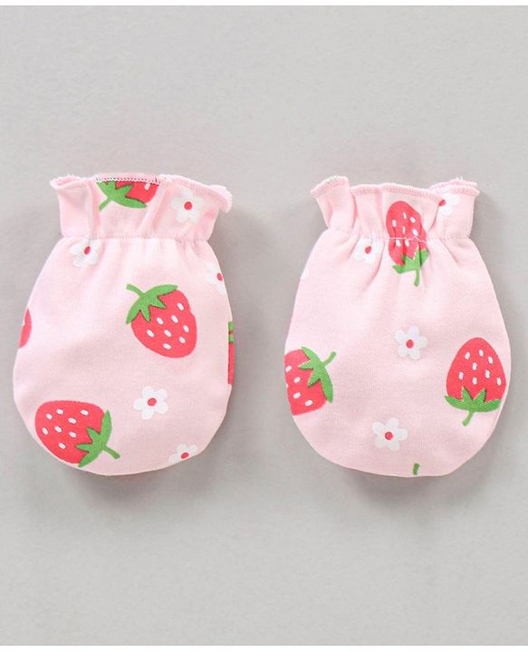 Babyhug 100% Cotton Caps Mittens & Booties Set Strawberry Printed - Diameter 18 cm