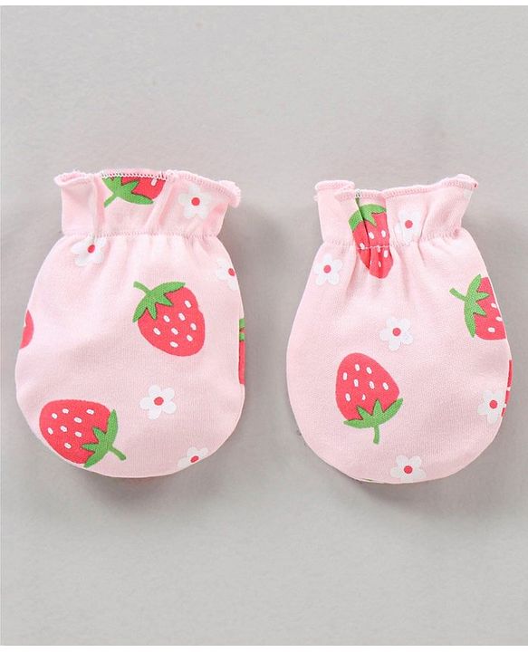 Babyhug 100% Cotton Caps Mittens & Booties Set Strawberry Printed - Diameter 18 cm