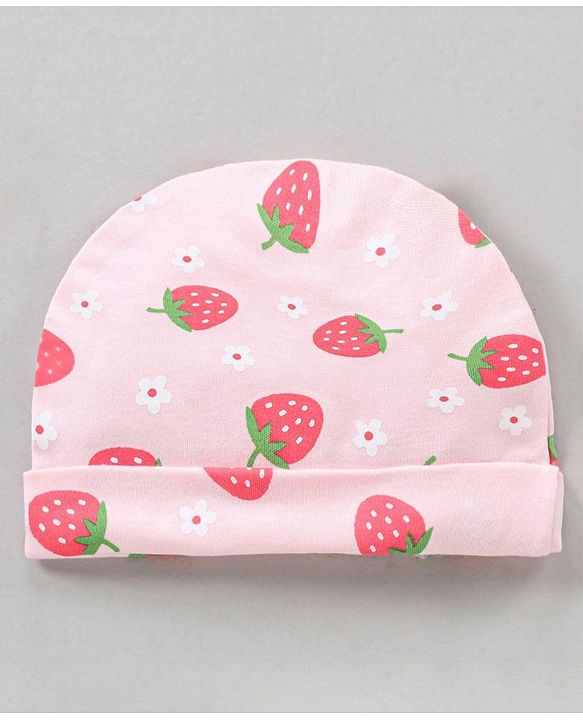 Babyhug 100% Cotton Caps Mittens & Booties Set Strawberry Printed - Diameter 18 cm