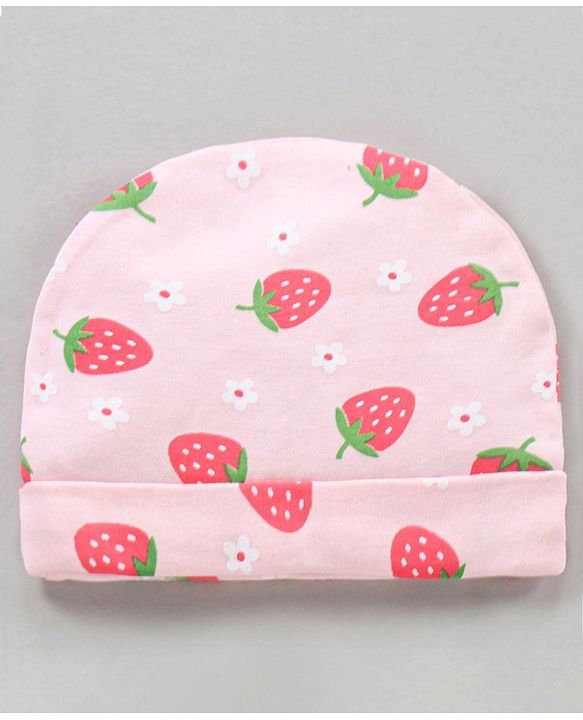 Babyhug 100% Cotton Caps Mittens & Booties Set Strawberry Printed - Diameter 18 cm