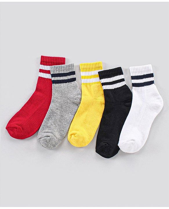 Pine Kids Ankle Length Anti Microbial Washed Socks Stripe Design Pack Of 5 - Red Grey Yellow Black White