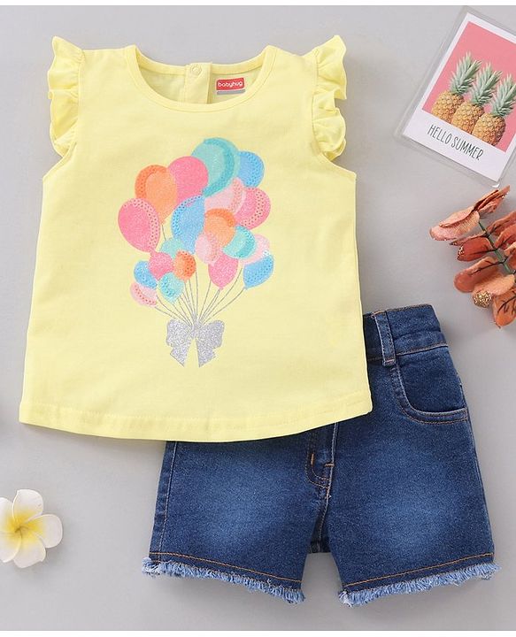 Babyhug Frill Sleeves Knit Top & Denim Shorts Set Glittered Balloons & Bow Print - Yellow Blue