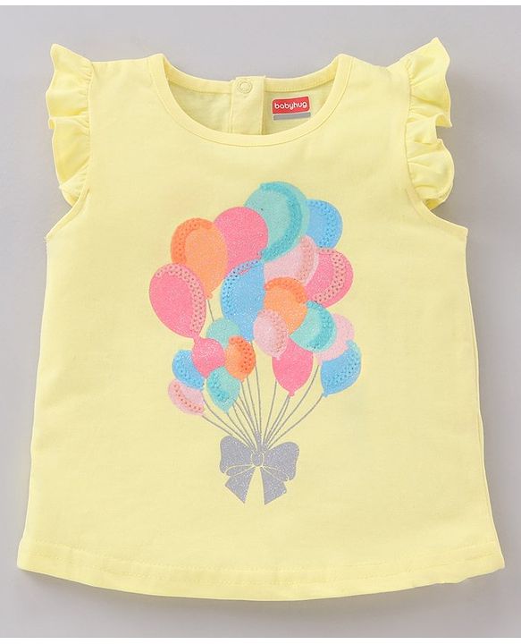 Babyhug Frill Sleeves Knit Top & Denim Shorts Set Glittered Balloons & Bow Print - Yellow Blue