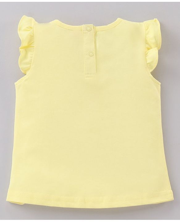 Babyhug Frill Sleeves Knit Top & Denim Shorts Set Glittered Balloons & Bow Print - Yellow Blue