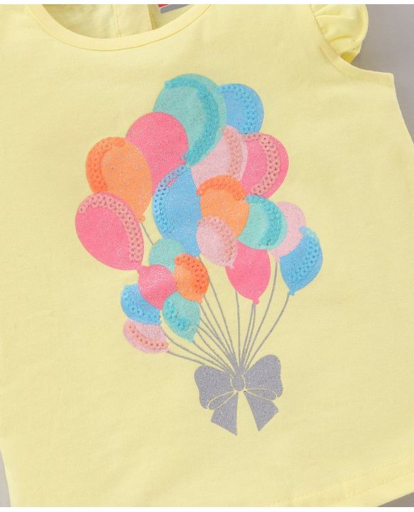 Babyhug Frill Sleeves Knit Top & Denim Shorts Set Glittered Balloons & Bow Print - Yellow Blue