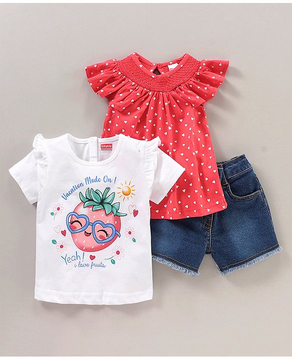 Babyhug Half Sleeves Tops & Denim Shorts Strawberry & Heart Print - Red White