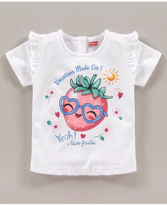Babyhug Half Sleeves Tops & Denim Shorts Strawberry & Heart Print - Red White