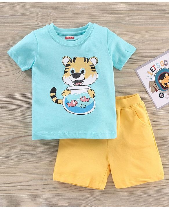 Babyhug Half Sleeves T-shirt With Shorts Animal Print - Yellow and Blue