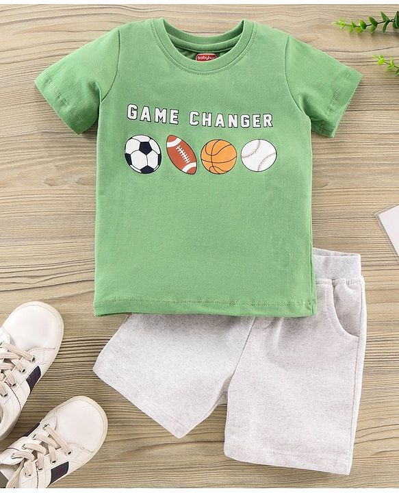 Babyhug Half Sleeves Knit T-Shirt & Shorts Set Sports Ball Print - Green Grey