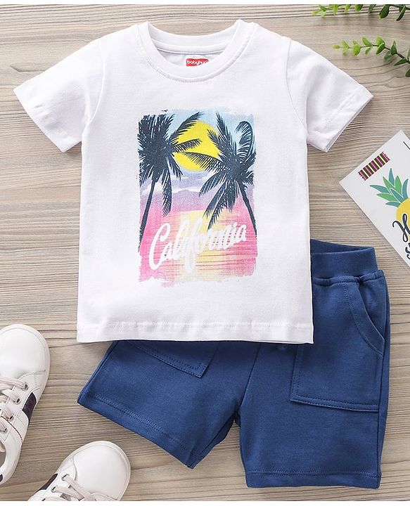 Babyhug Half Sleeves T-Shirt & Shorts Set California Print - White Navy