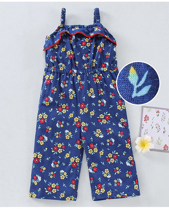 Babyhug 100%Cotton Singlet Jumpsuit Floral Print - Navy Blue