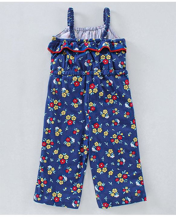 Babyhug 100%Cotton Singlet Jumpsuit Floral Print - Navy Blue