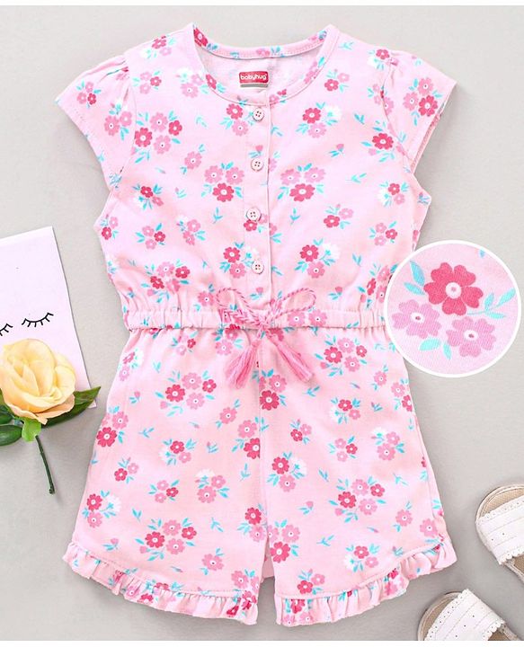 Babyhug 100% Cotton Cap Sleeves Jumpsuit Floral Print - Pink