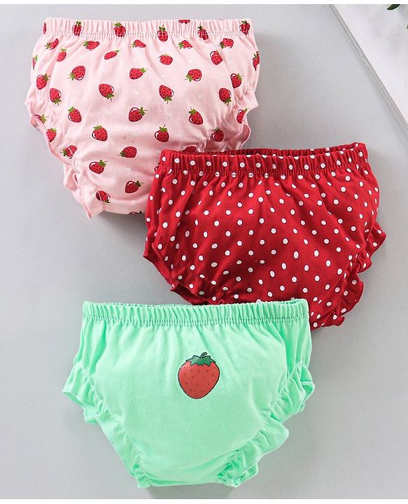 Babyhug Cotton Bloomers Polka Dot & Strawberry Printed Pack of 3 - Red Pink Green
