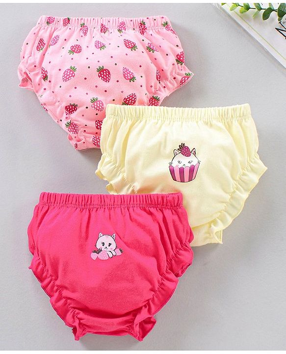 Babyhug Cotton Bloomers Strawberry Printed Pack of 3 - Pink & Yellow